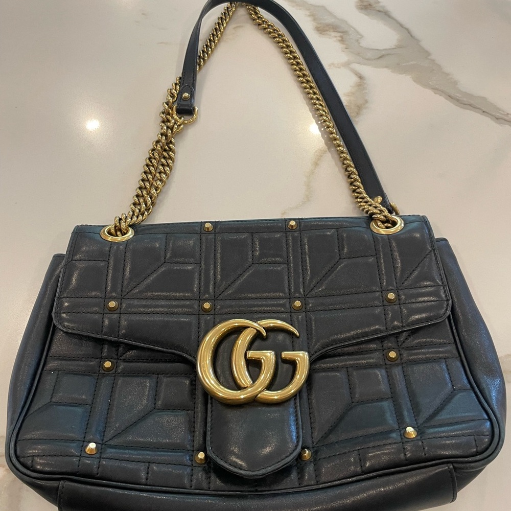 Gucci Black Leather Shoulder Bag with Gold Chain